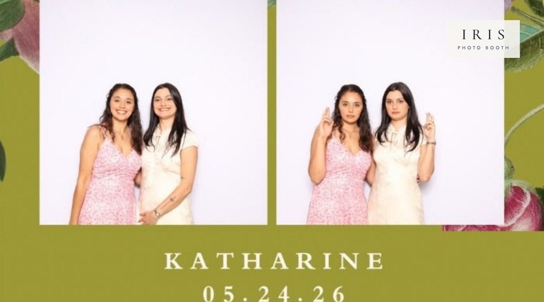 Two guests in an Iris Photobooth print with a custom floral birthday template