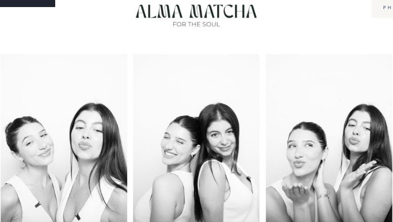 Black and white Iris Photobooth strip with the Alma Matcha logo at a brand pop-up
